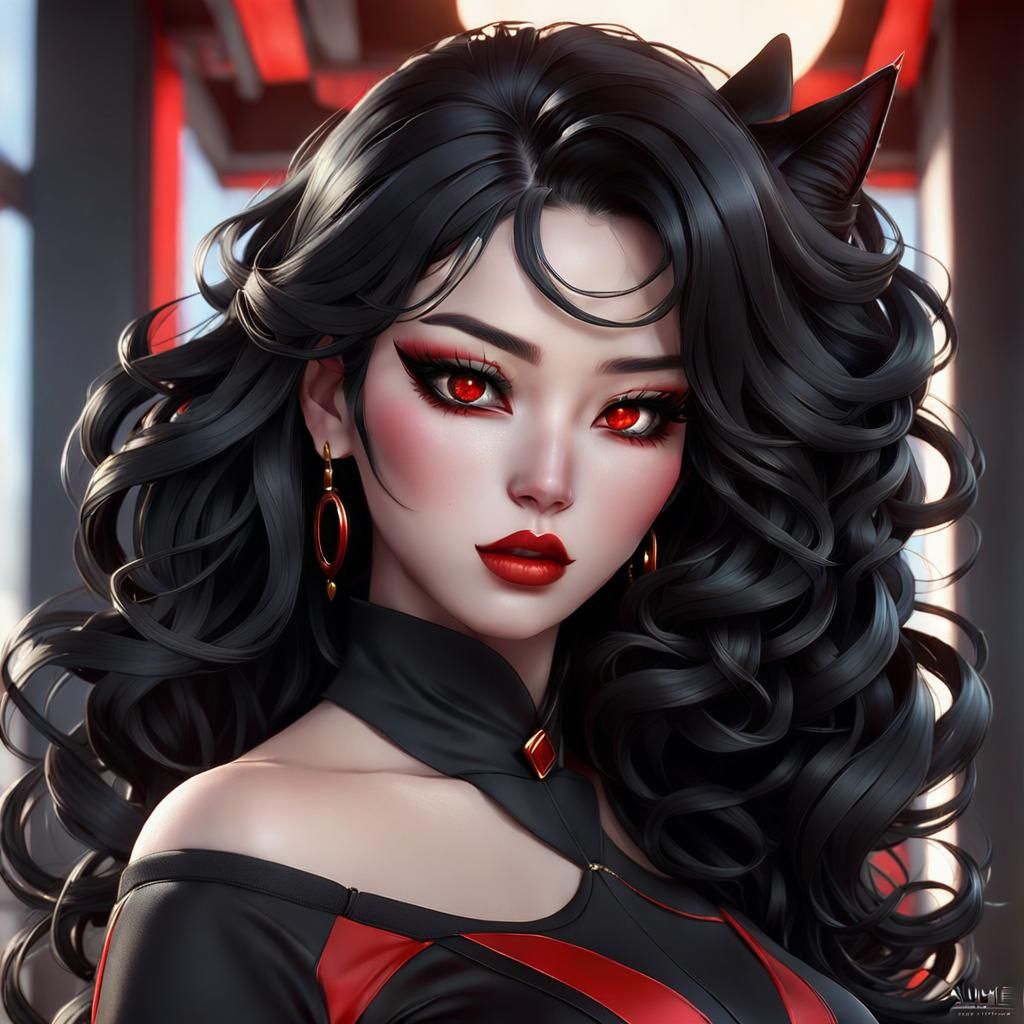 Voluptuous Woman in Anime Style with Cat Eyes