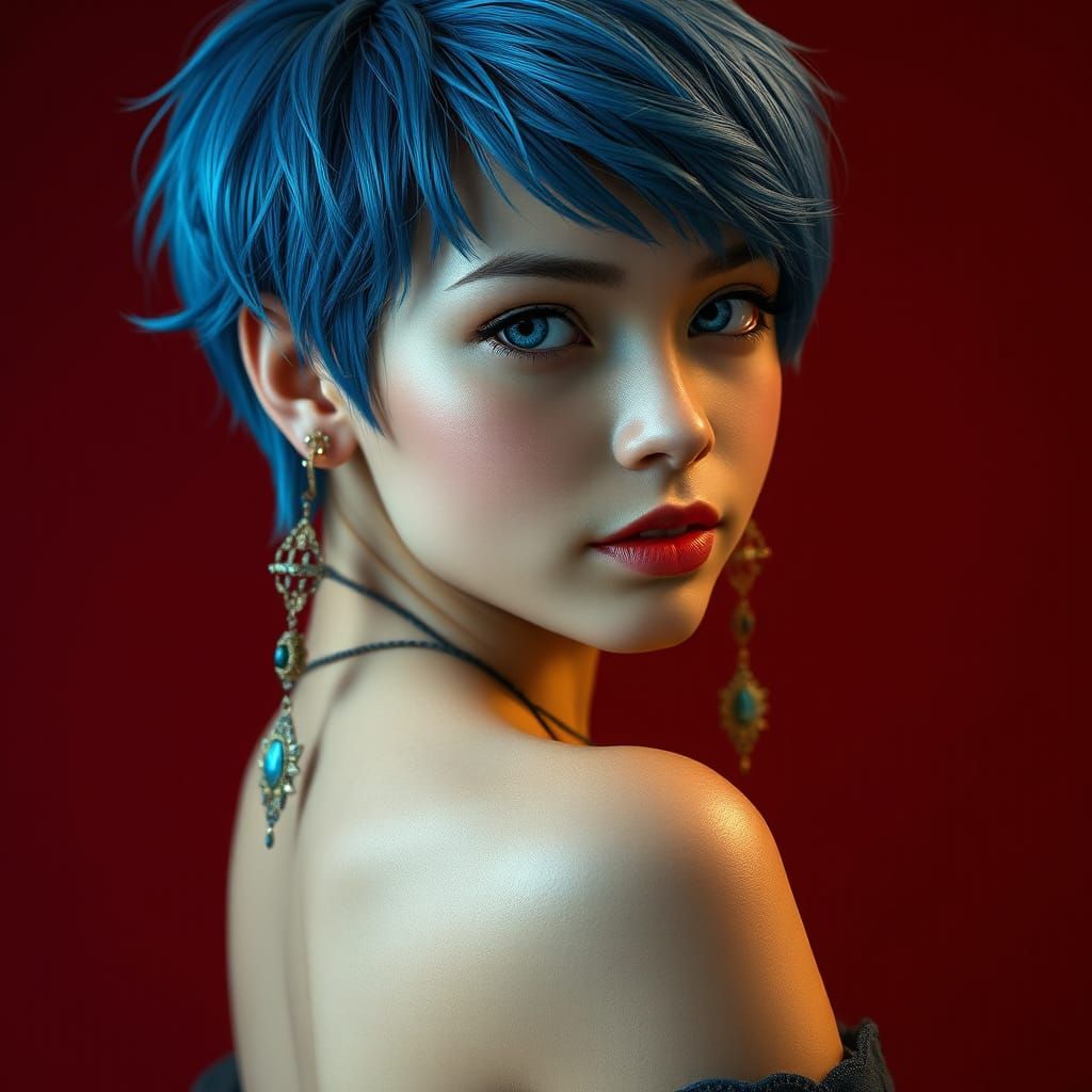 Elegant Young Woman with Blue Hair and Piercing Blue Eyes