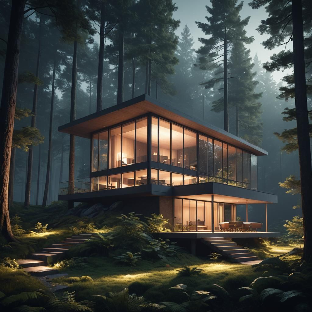Minimalist Mountain Cottage in Lush Forest, Digital Matte Pa...