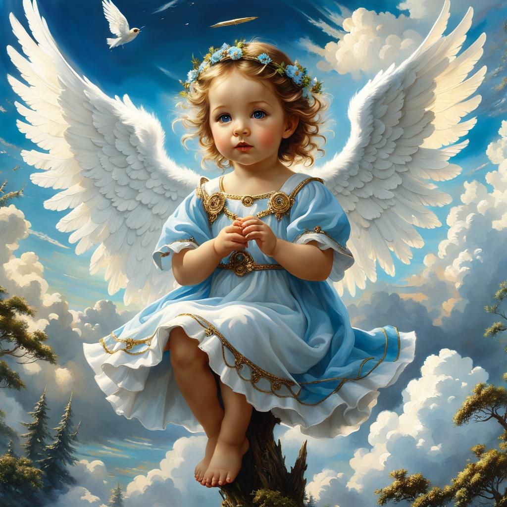 Toddler Angel Flying Through Clouds: Digital Masterpiece