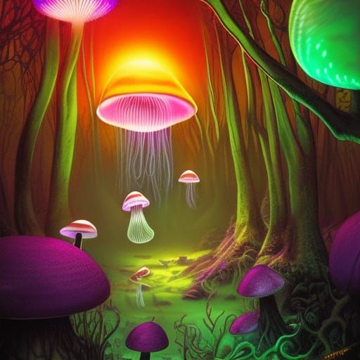 Psychedelic Glowing Mushrooms and Giant Mouse in Forest