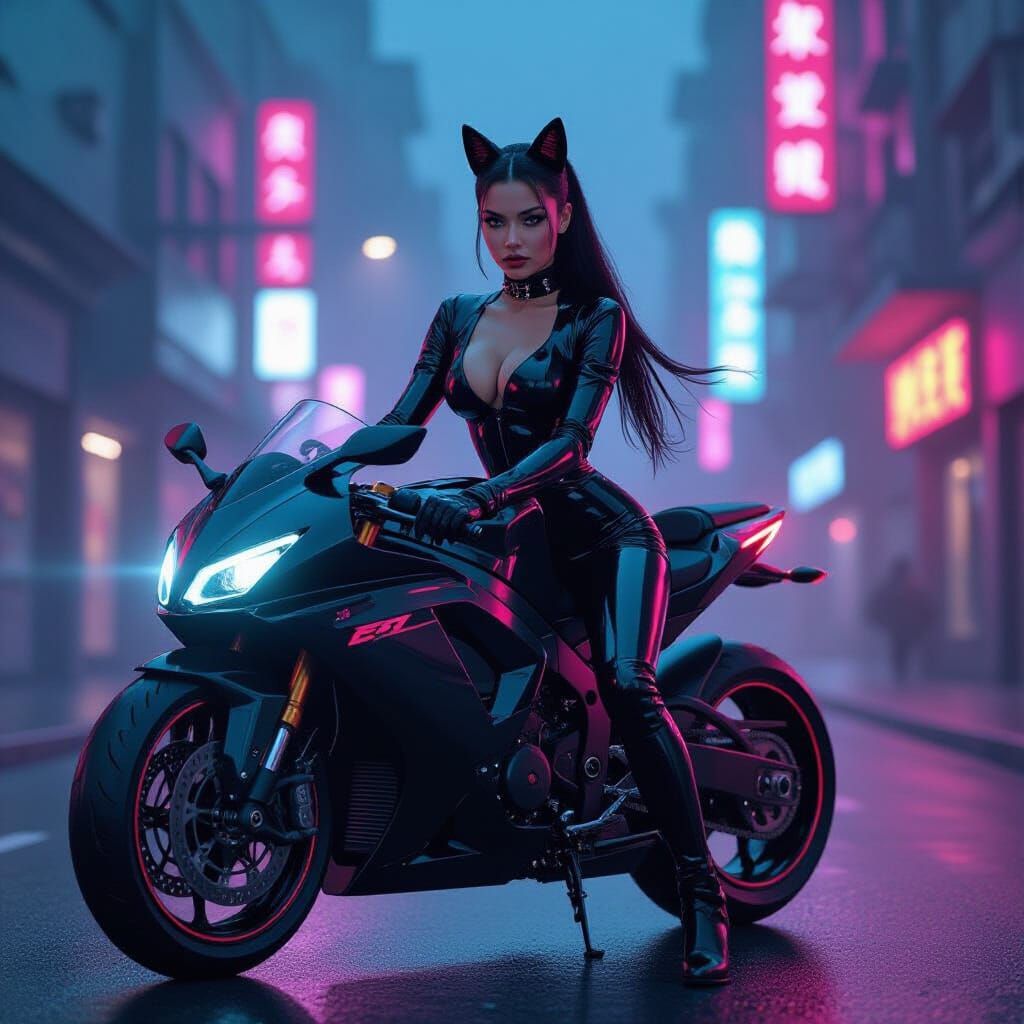 Woman on Cyberpunk Motorcycle in Futuristic Cityscape