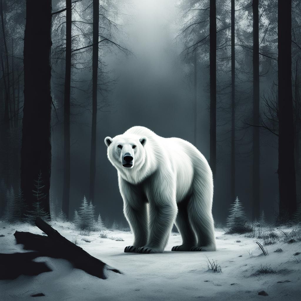 Dystopian Polar Bear in Forest Cinematic Style