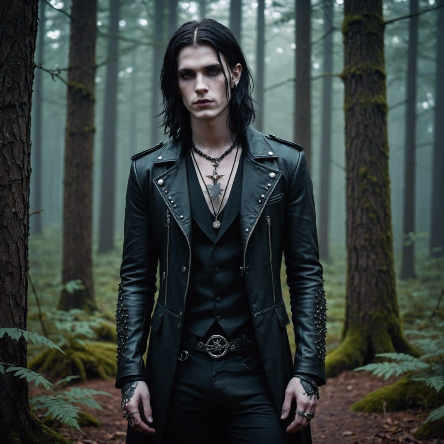 Gothic Young Man in Leather in Hazy Forest