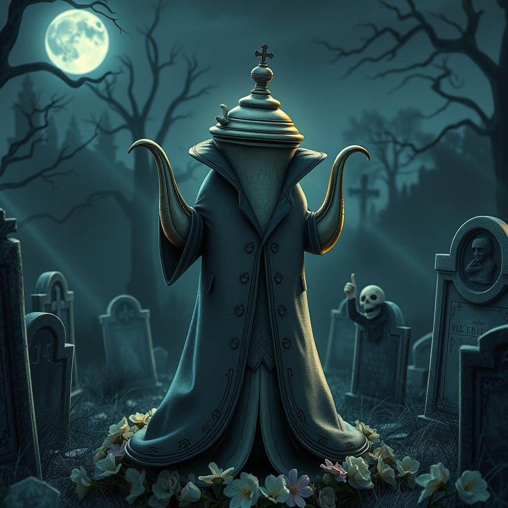 Terrified Teapot in French Coat at Night Cemetery