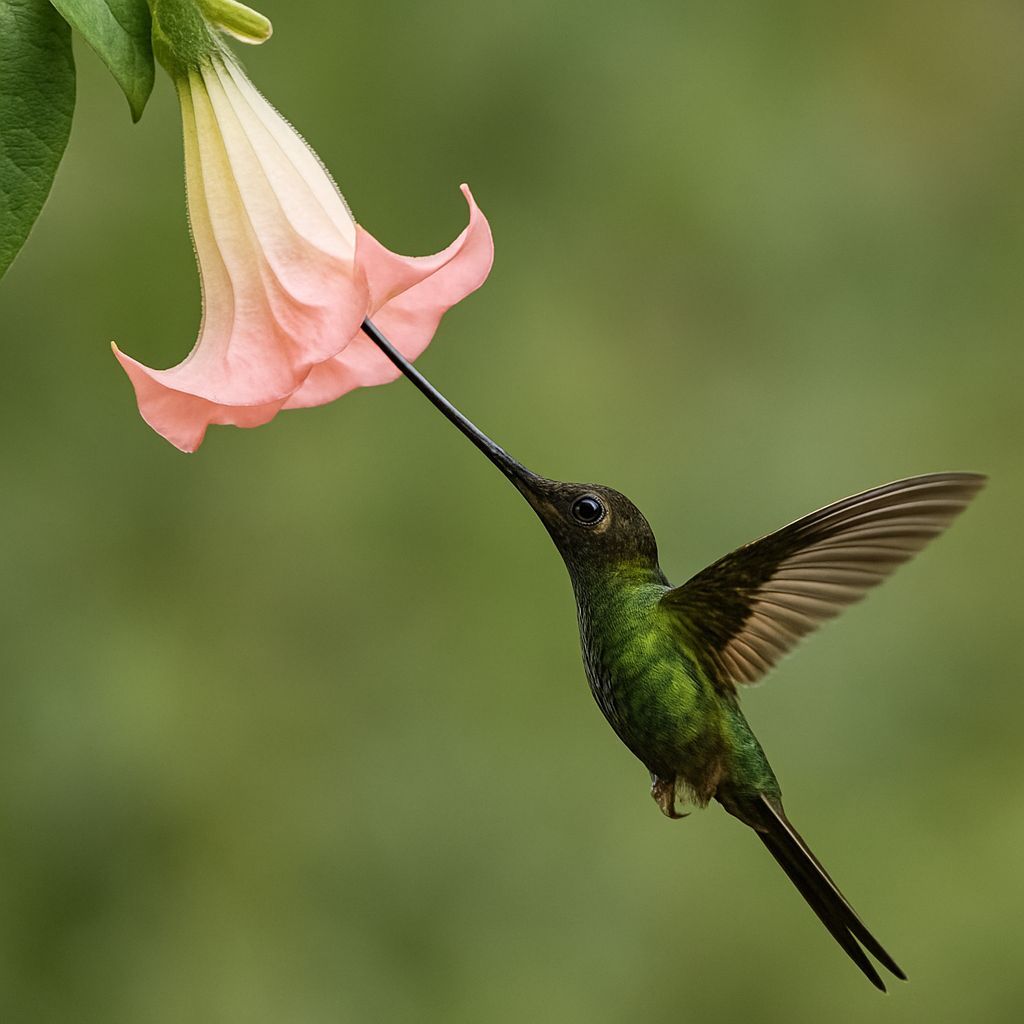 Sword-billed hummingbird drinking nectar from a Brugmansia b...