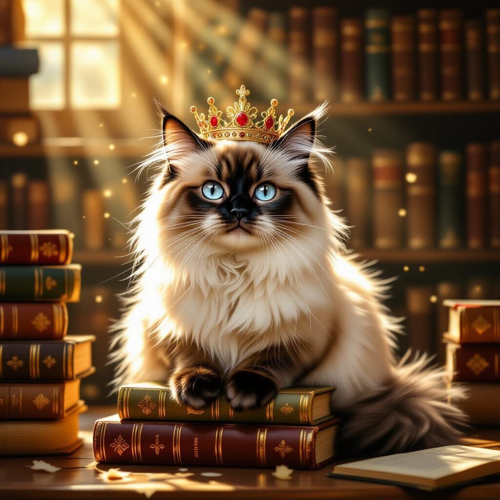 A fluffy Siamese cat wearing a miniature crown, regally perched atop a stack of antique books in a sunlit library, with ...