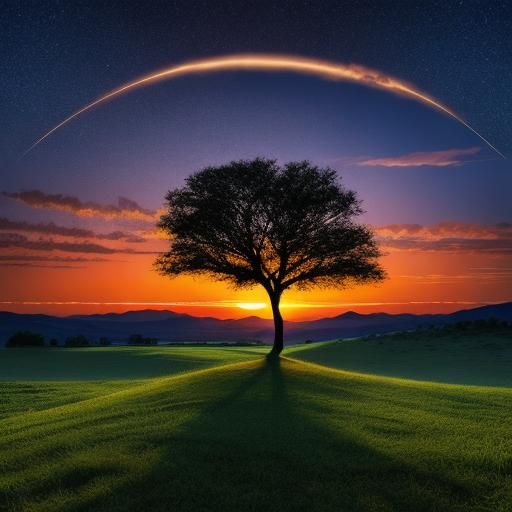 Lonely Tree Reflects Deep Sunset Night