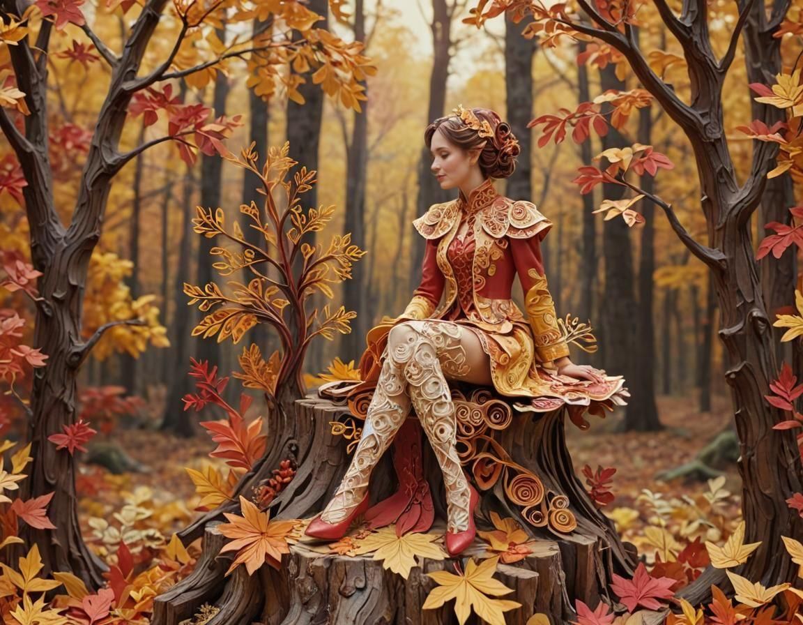 Autumn Forest Woman in Paper Decoupage Collage