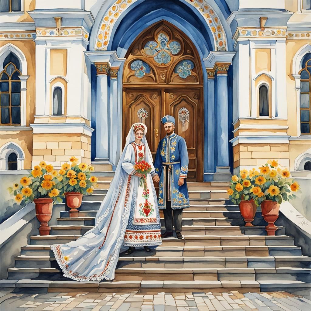 full-length Ukrainian wedding couple in Ukrainian costume