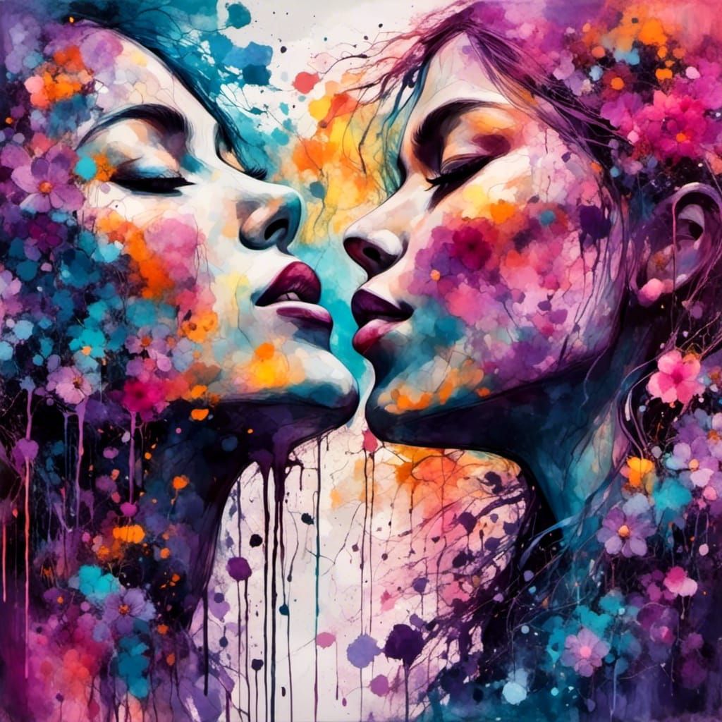 <lora:Liquid Ink:1.0> 2 girls kissing