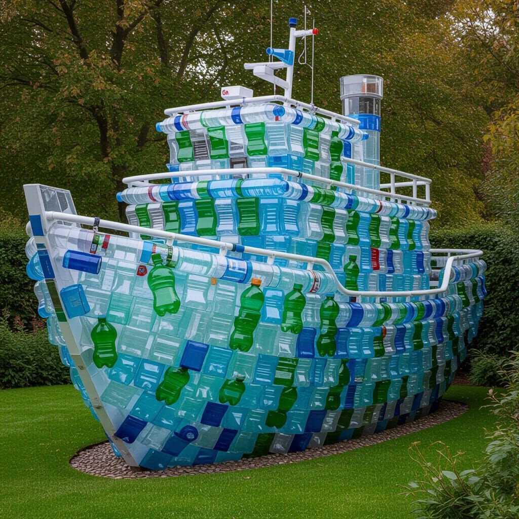 Giant Boat Sculpture Made from Plastic Bottles