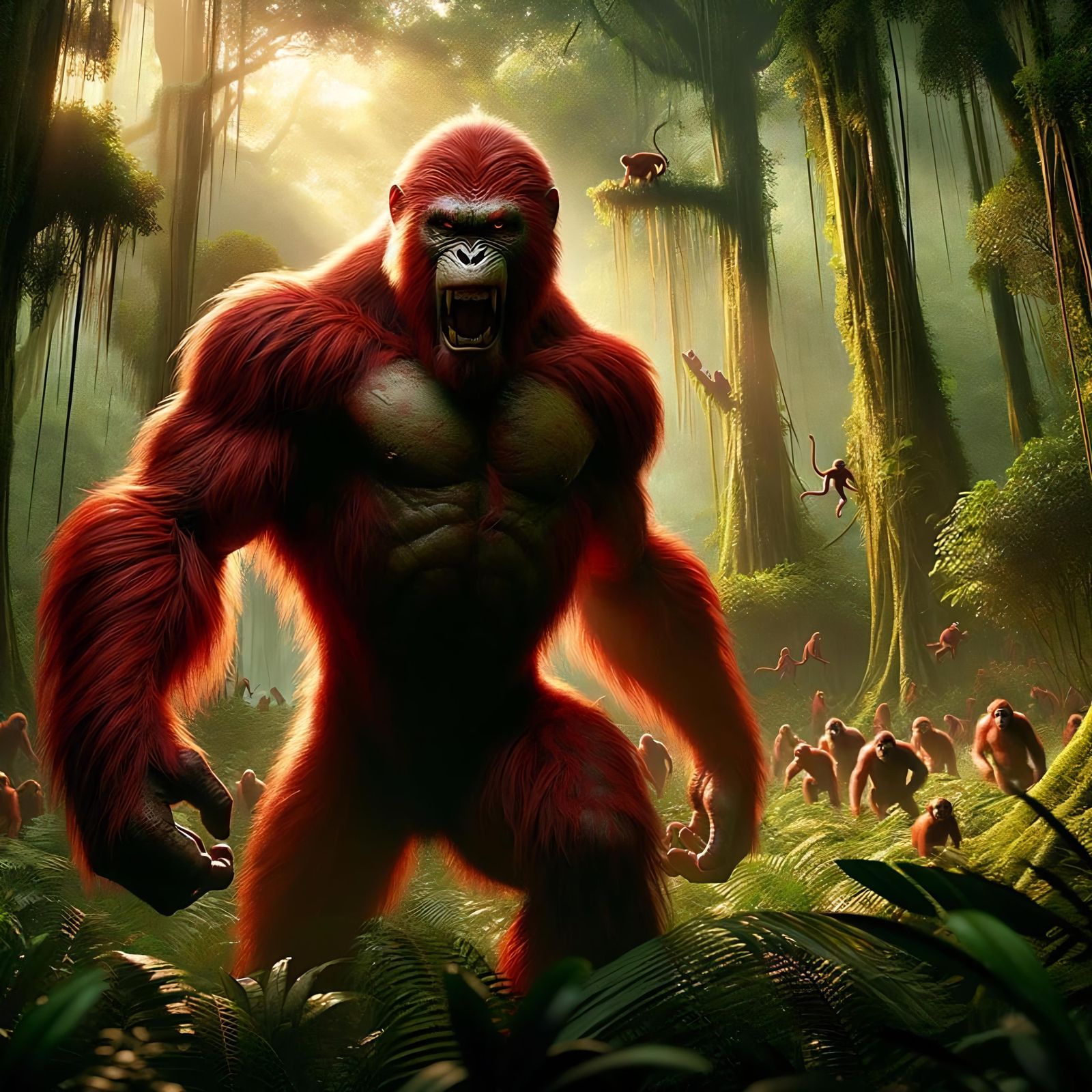 Fierce Sanguine Ape Roars in Tropical Jungle