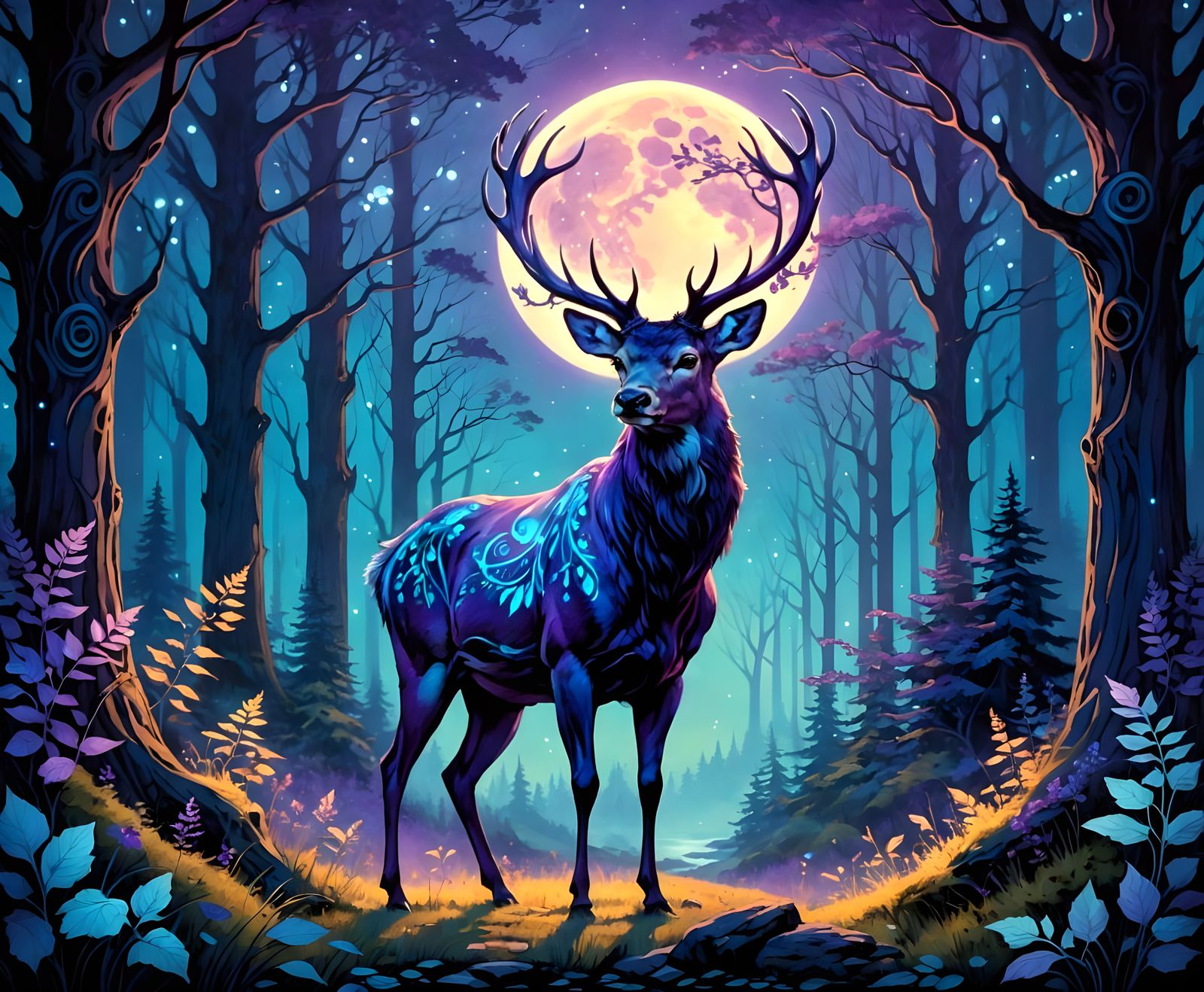 Stag with Glowing Tattoos in Moonlit Forest