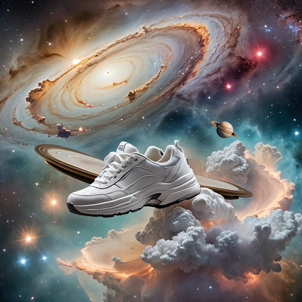 White Shoe Floating in Deep Space with Nebula