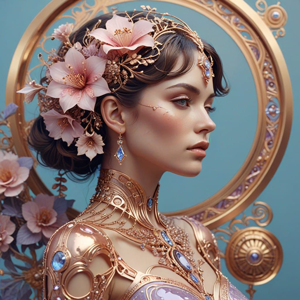 Luxurious Art Deco Woman in Rose Gold and Violet