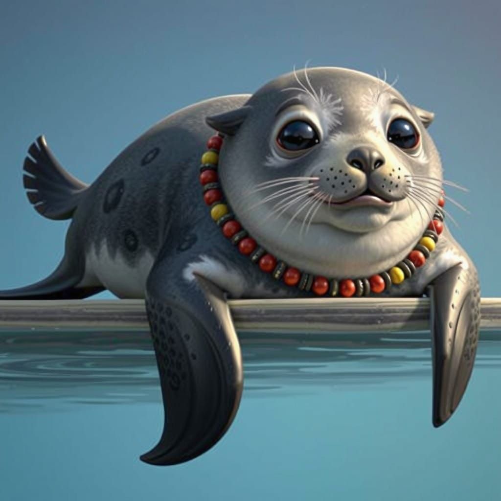 Whimsical Baby Seal in Vibrant Red Beaded Collar