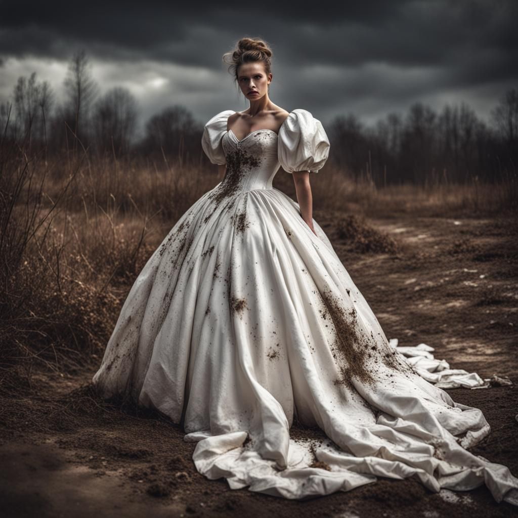 Woman in Mud-Splattered Gown: Hyperrealistic Image