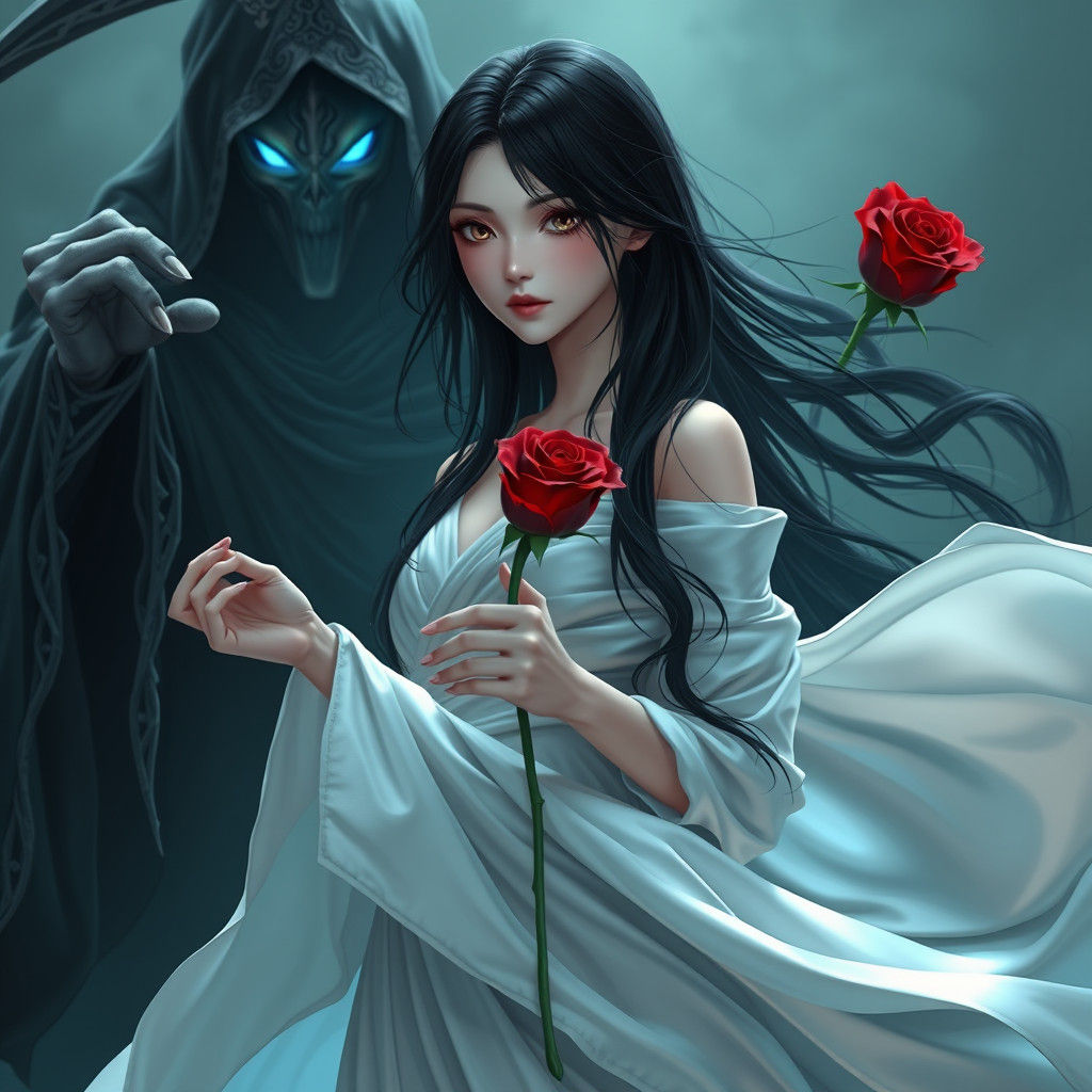Grim Reaper Offers Rose to Woman: Anime Style