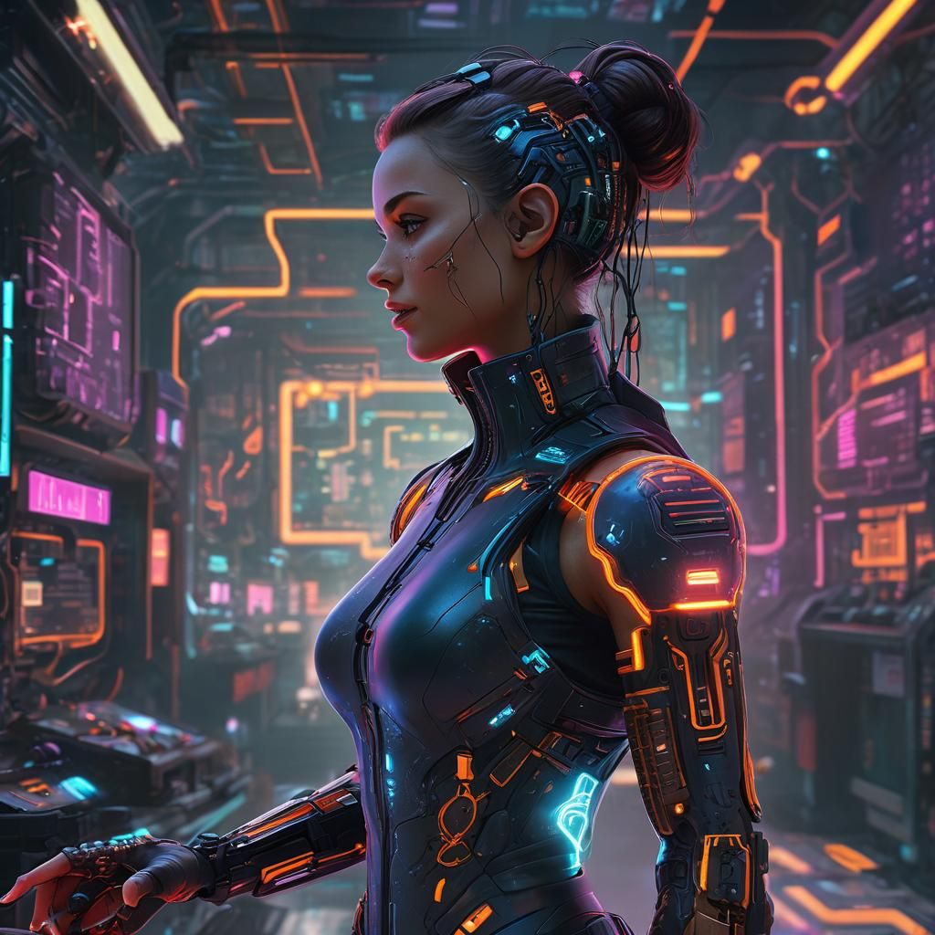 Cyberpunk Woman with Computer Brain in High-Tech Lab