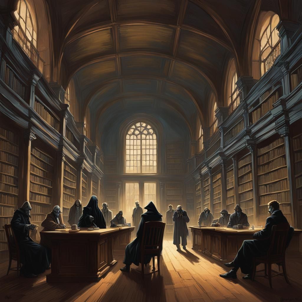 Eerie Figures Meeting in Old Library