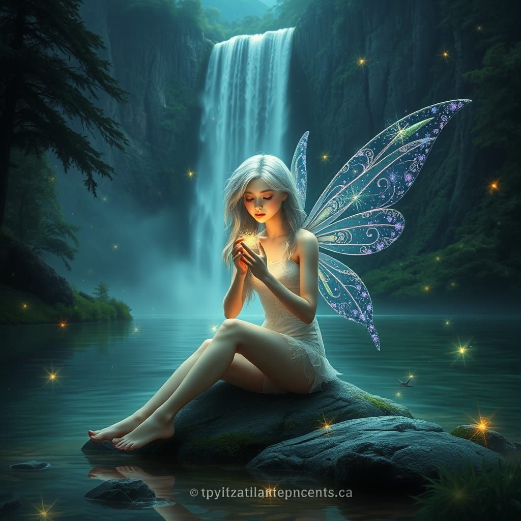 Silver-Haired Fairy with Stars by a Waterfall