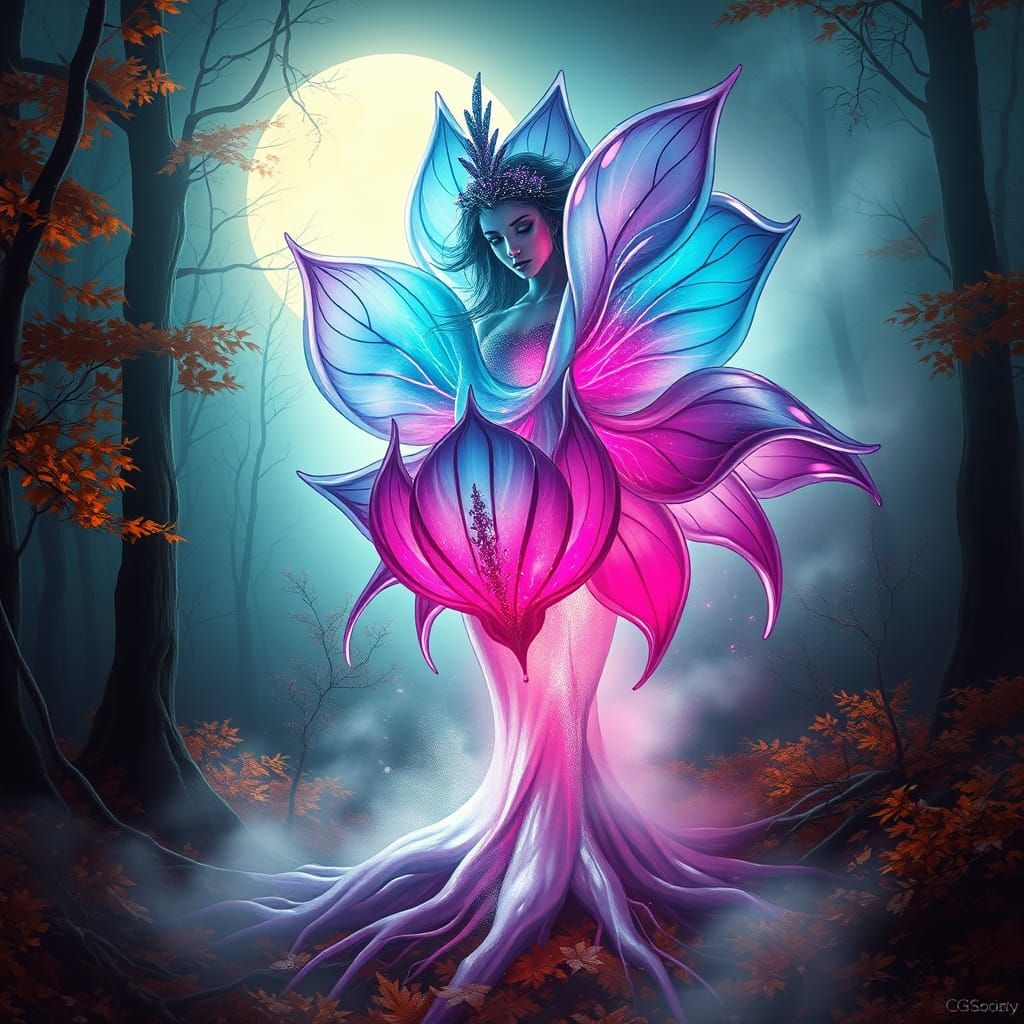 Ethereal Flower Goddess in Mystical Forest: Graffiti Art