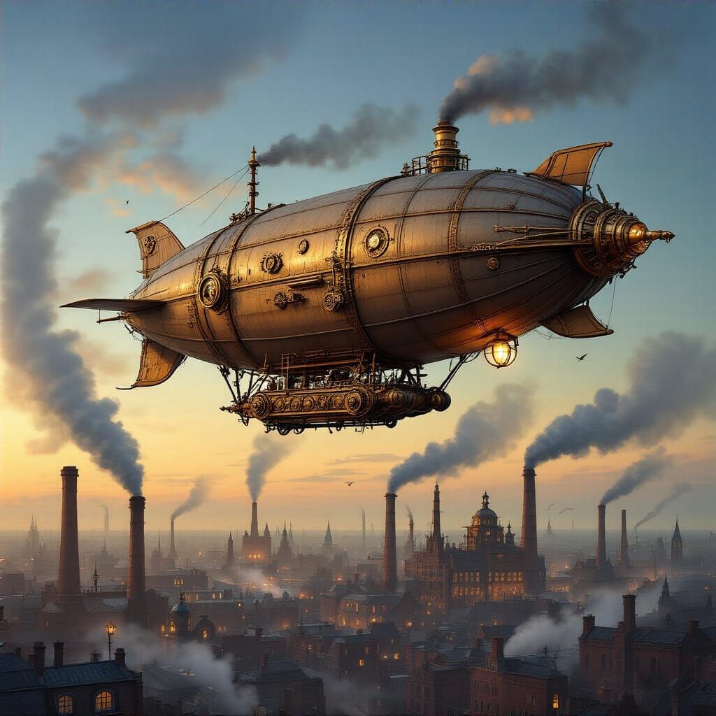 Victorian Steampunk Zeppelin Over Industrial City