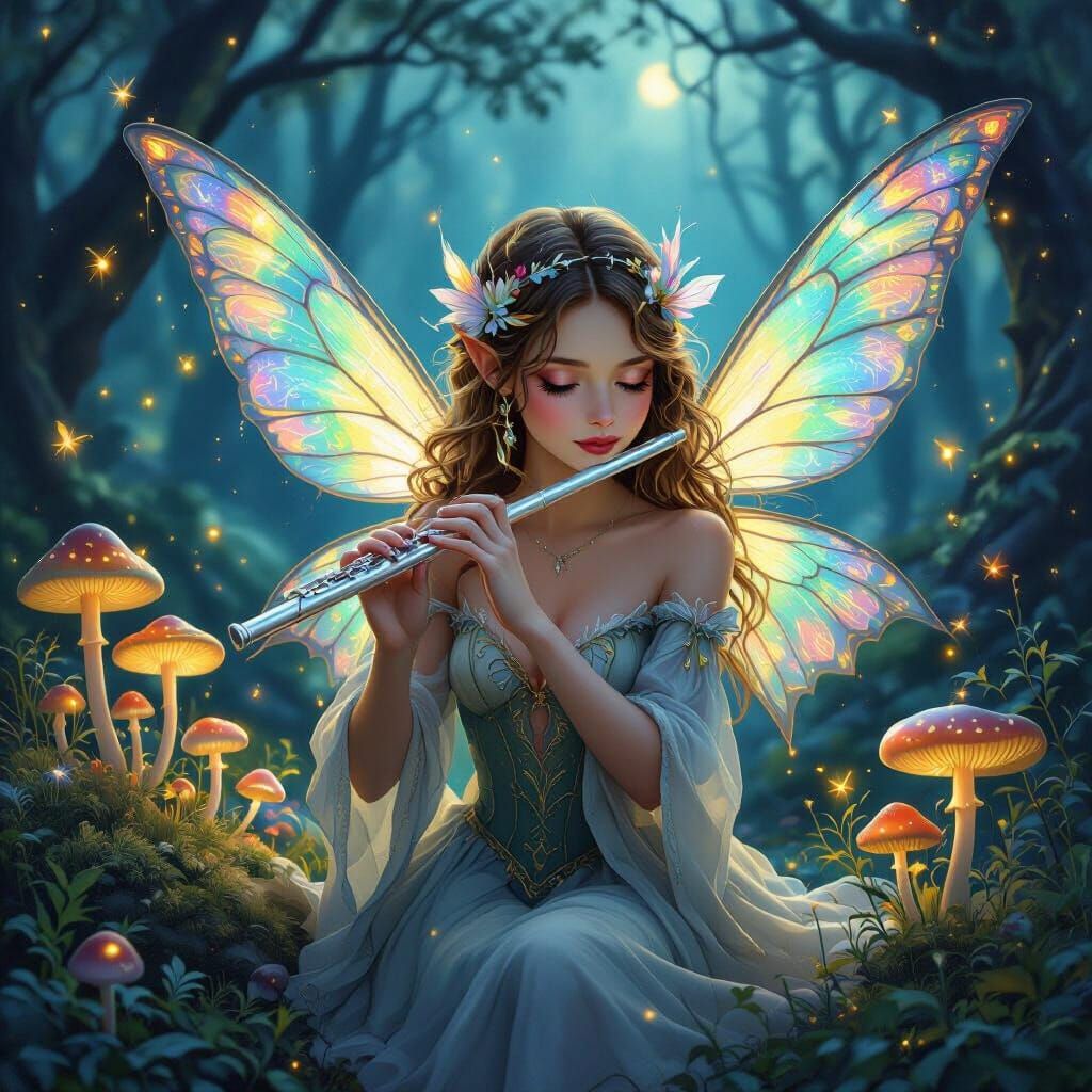 Delicate Fairy Playing Flute in Magical Twilight Forest