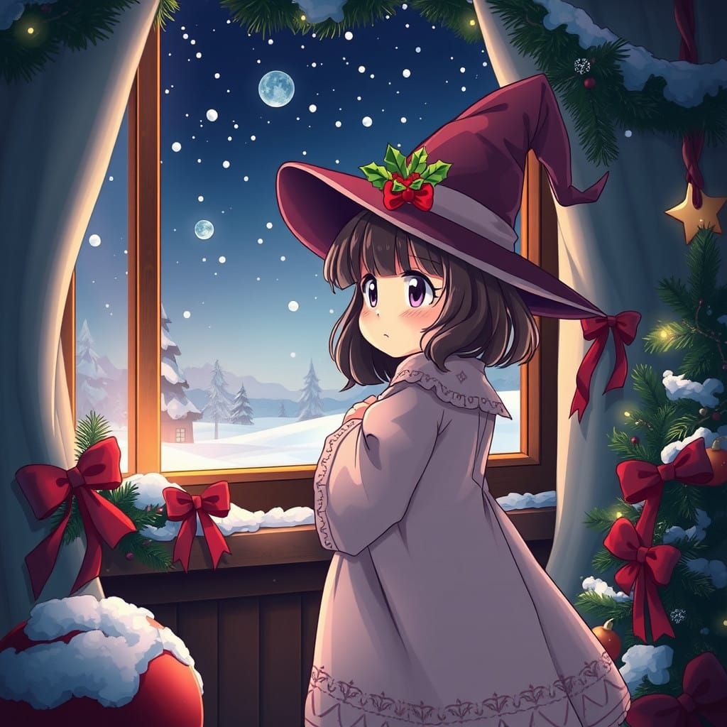Magical Winter Witch Gazing Out at the Snowy Landscape