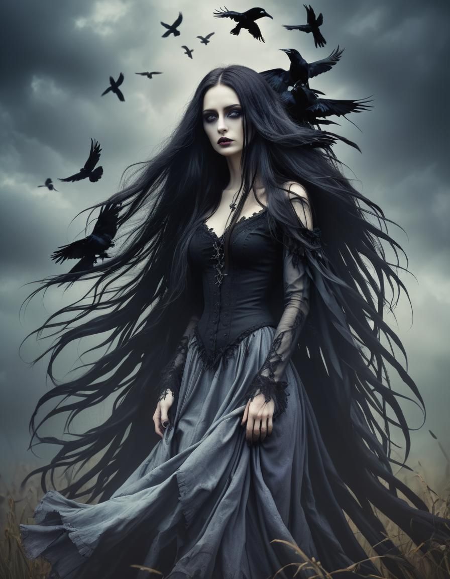 Gothic woman made of crow  , full image , breathtaking, perfect body, perfect iris, amazing,  , calm, Flowing , very lon...