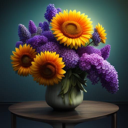 Floral Still Life: Roses, Sunflowers, and Lilacs