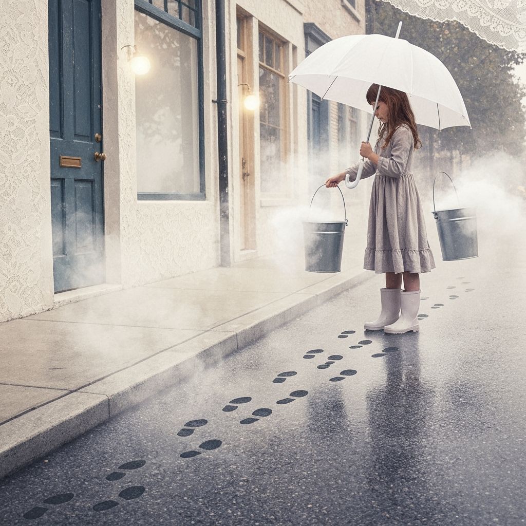 Girl Washes Sidewalk with Fog in Dreamlike Scene