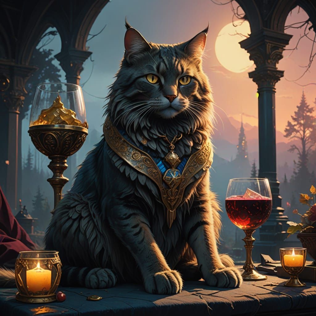 Regal Feline Enjoys Golden Wine in Opulent Throne