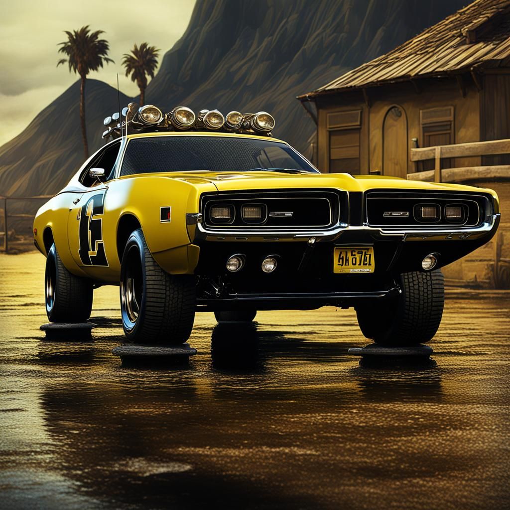 1973 Yellow Dodge Charger with 4x4 Tires