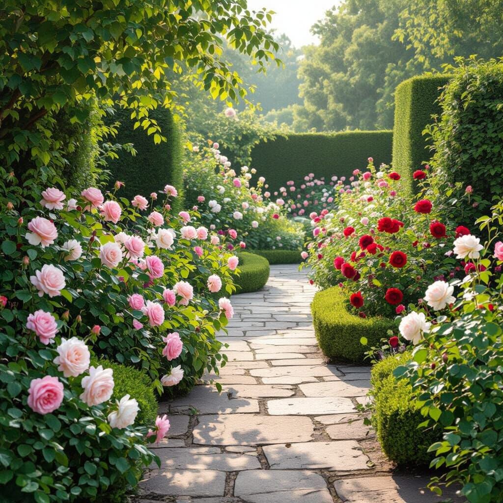 English Rose Garden in Bloom, Storybook Illustration