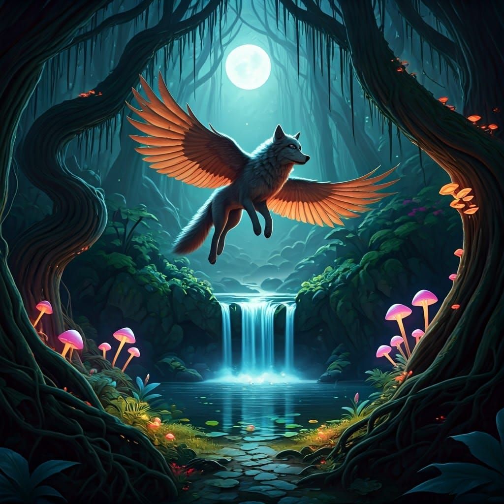 Winged Wolf Soaring in Mystical Forest