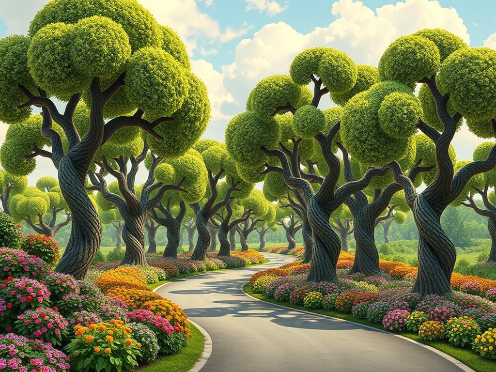 Whimsical Corkscrew Trees Line A Curvy Road In Dreamy Landsc...