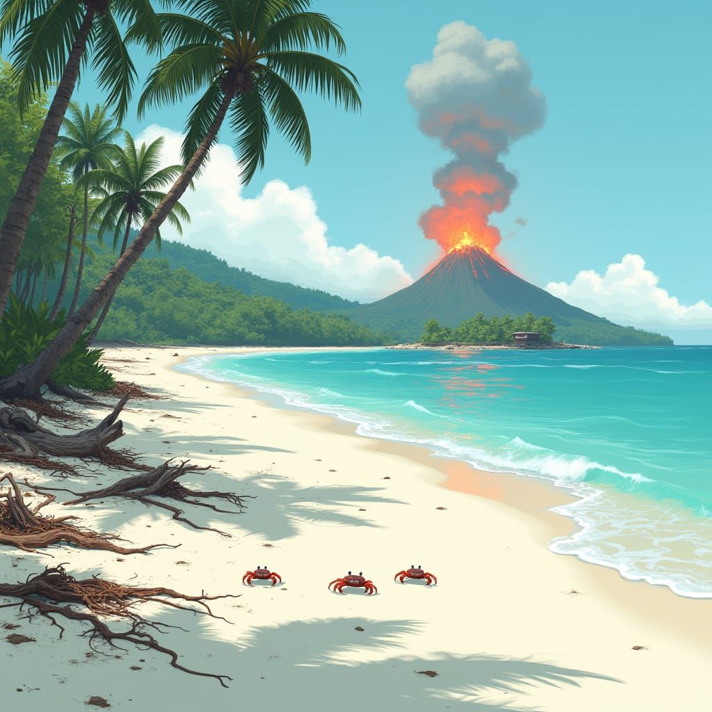 Tropical Beach with Erupting Volcano, Digital Art