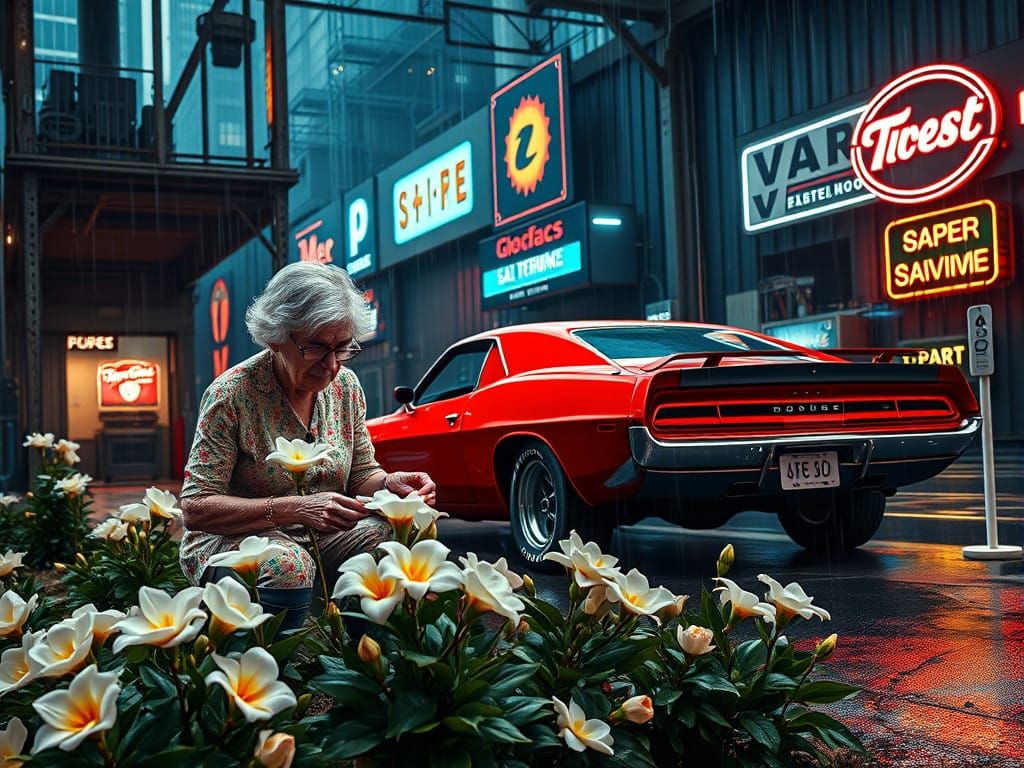 Dystopian Lady Tends Gardenias Amidst Futuristic Cityscape