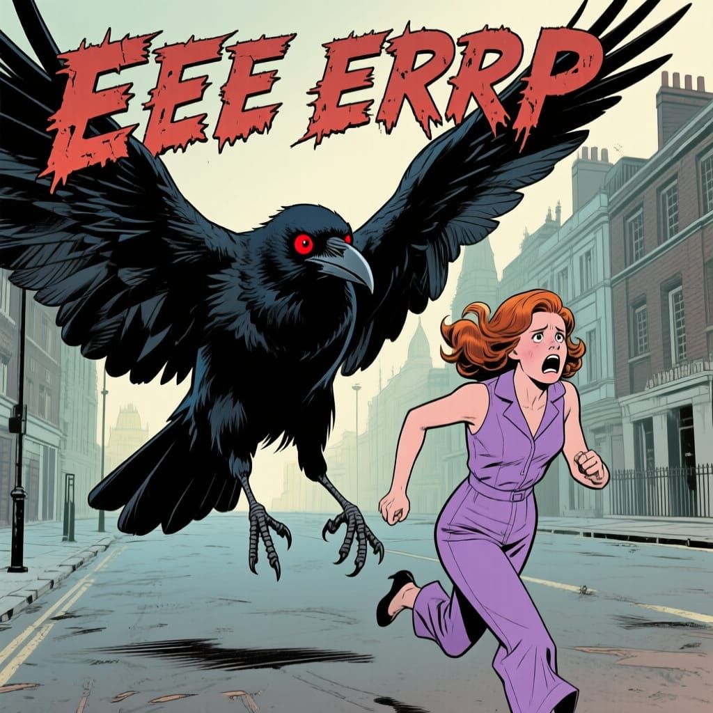 Giant Crow Menaces Diana Rigg in Comic Panel Style