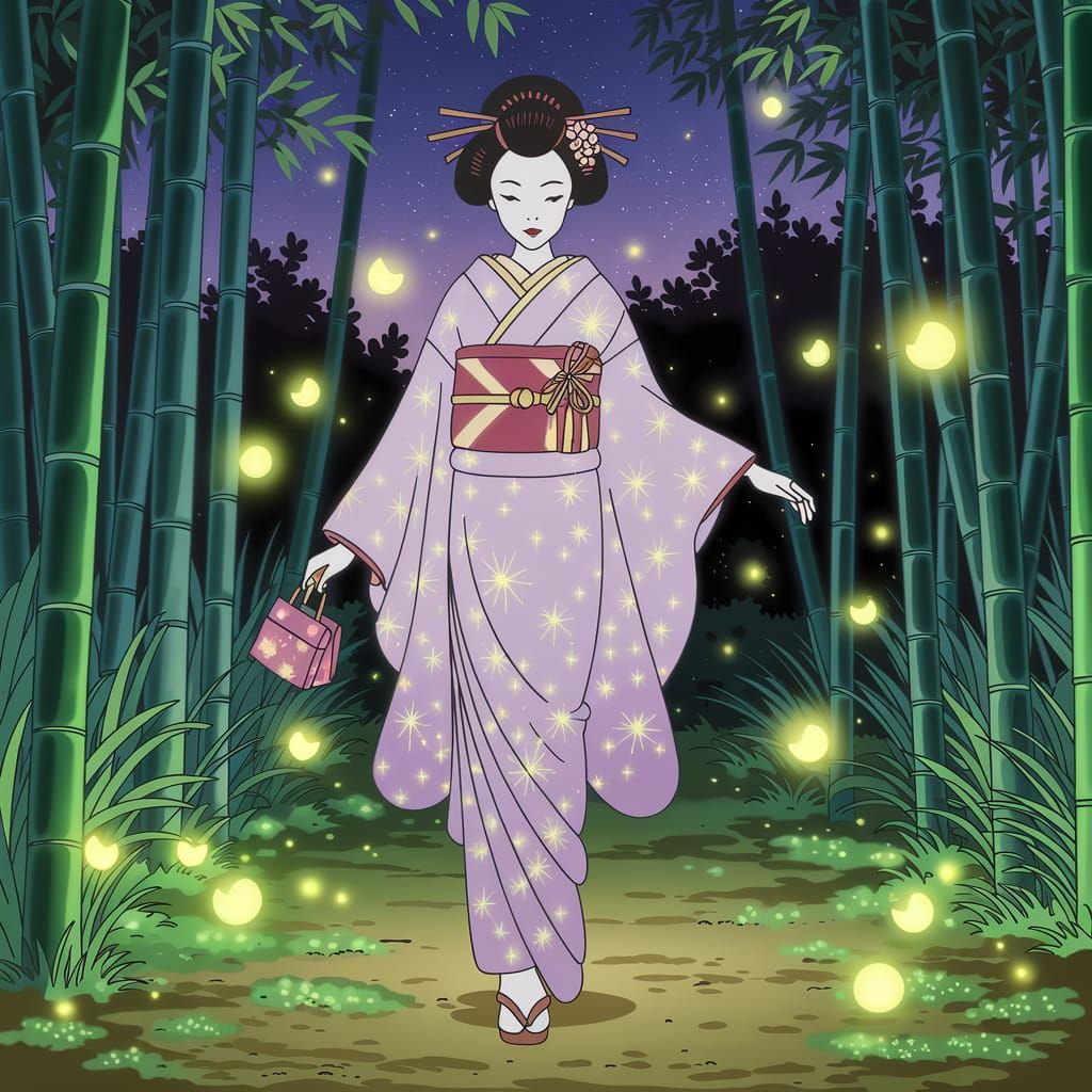 Geisha in Enchanted Bamboo Forest: Art Nouveau Style