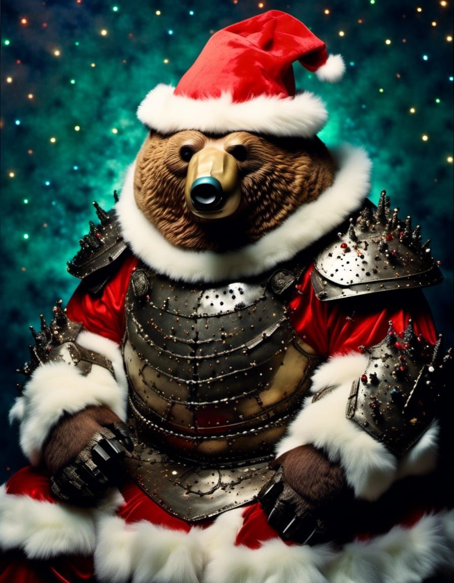 Obese Bear Knight in Christmas Armor Portrait