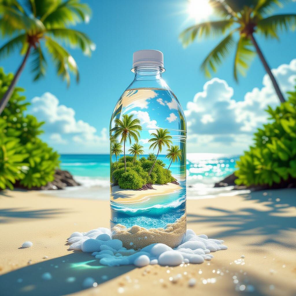 Tropical Island in a Bottle: Hyperrealistic 8K Beach Scene