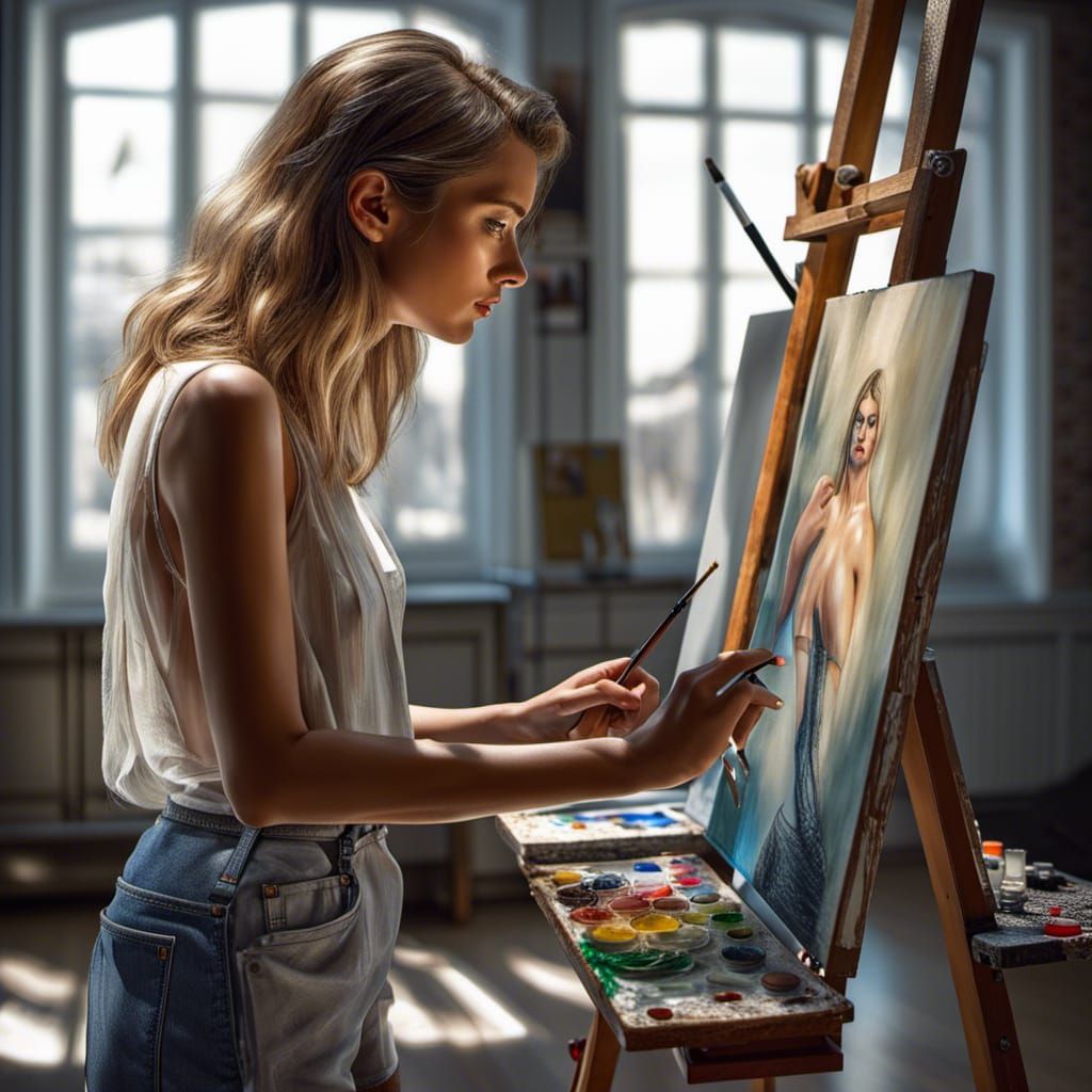 Girl Painting Self-Portrait: Photorealistic Photography