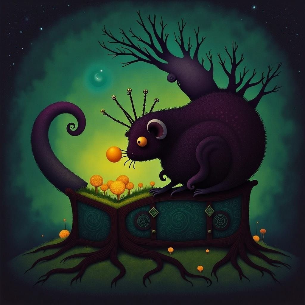 Opossum King on Treasure Chest in Enchanted Forest