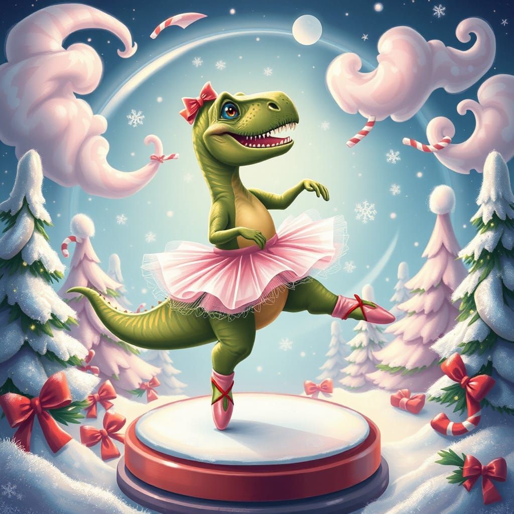 Tutu-Clad T-Rex Dances Amidst Whimsical Winter Wonderland