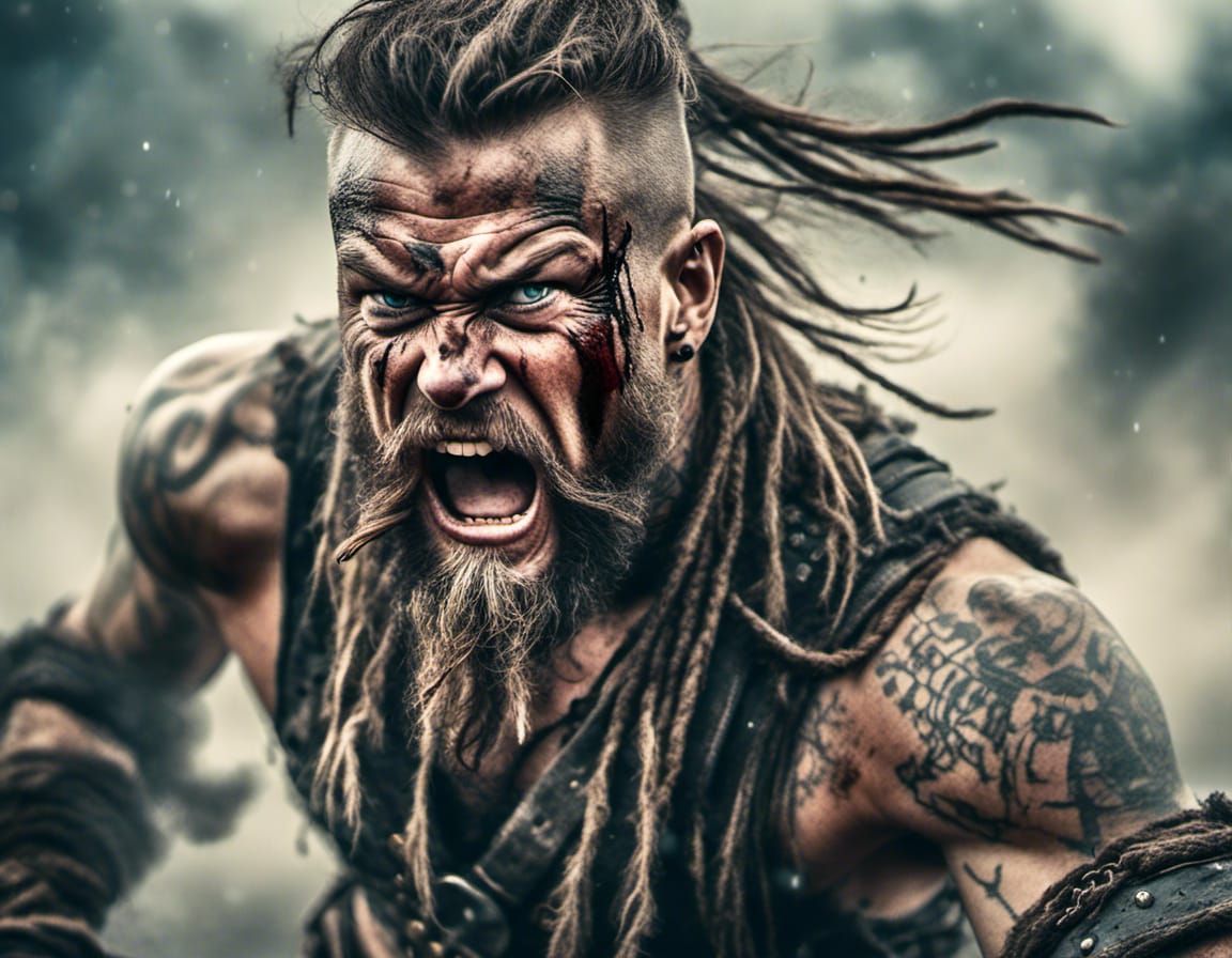 Enraged Viking Warlord Charging into Battle
