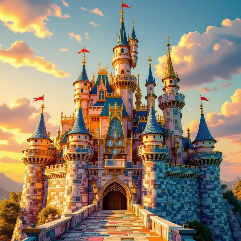 Fantasy Castle Made of Colorful Banknotes in Golden Hour Lig...