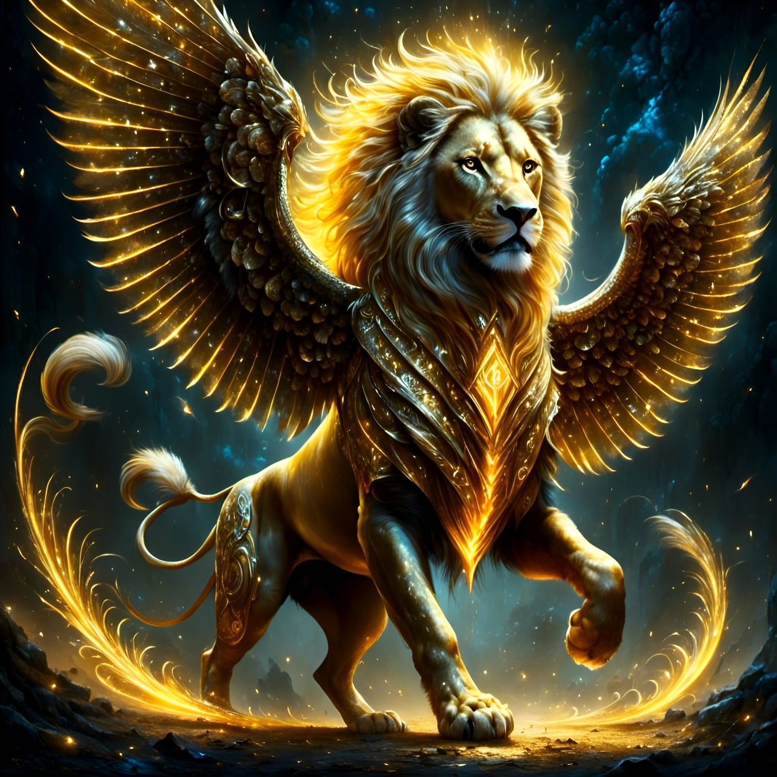 Hybrid Lion-Porcupine-Pegasus with Golden Runes